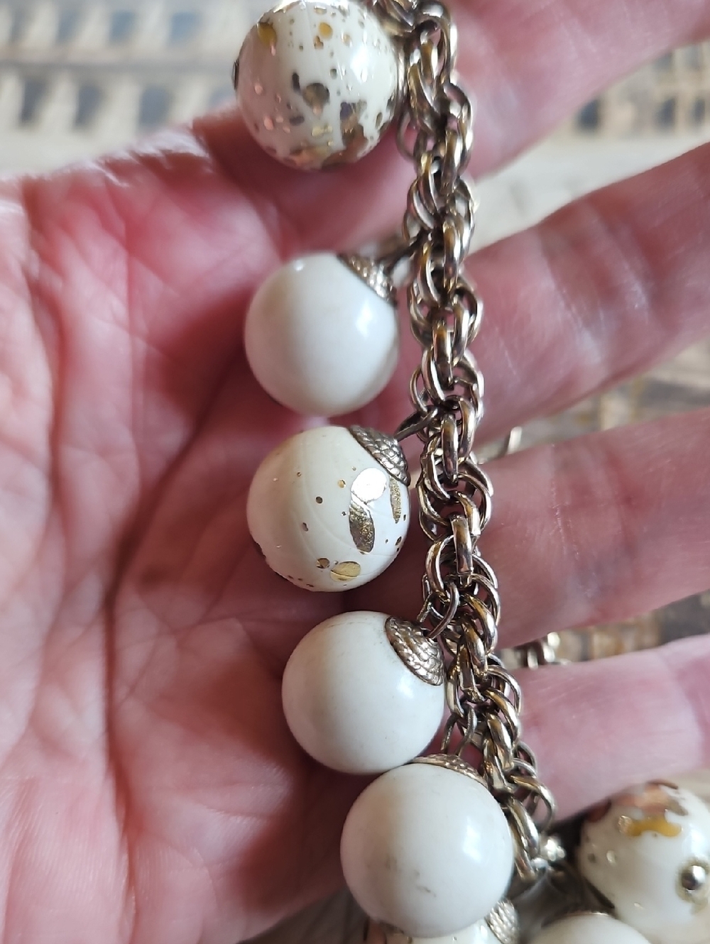 Vintage White Bead Charm Bracelet with Gold Fleck Accents Gold Tone Thick Links - Picture 4 of 6